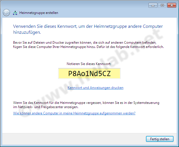 Kennwort der Heimnetzgruppe in Windows 7 Ultimate