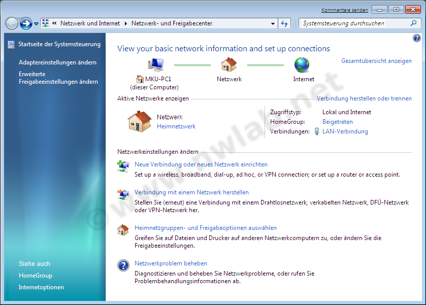 Netzwerk und Freigabecenter von Windows 7