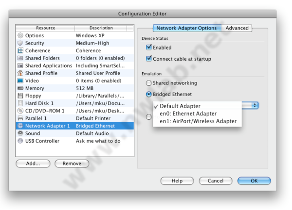 Parallels mit Bridged Ethernet