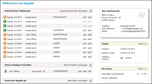 Webinterface von sipgate