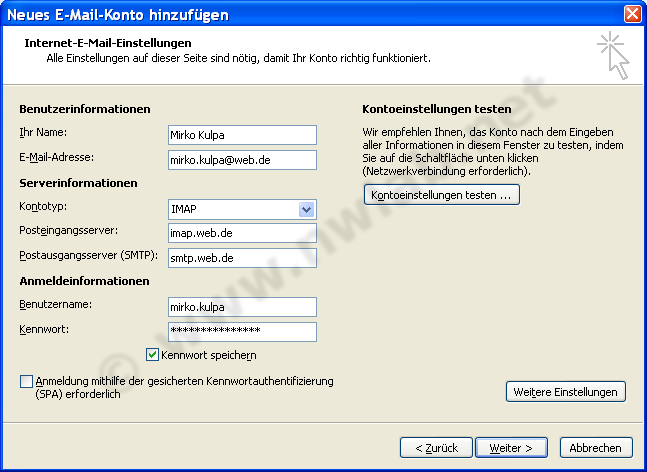 Serverinformationen in Outlook eingeben