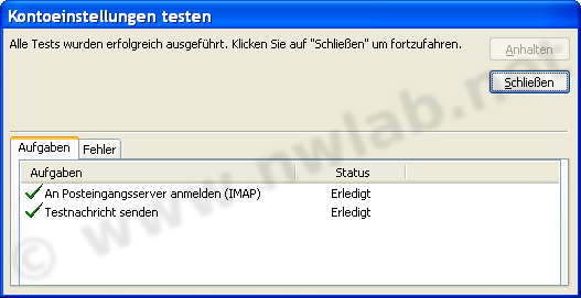 Kontoeinstellungen testen, Posteingangsserver und Testnachricht versenden