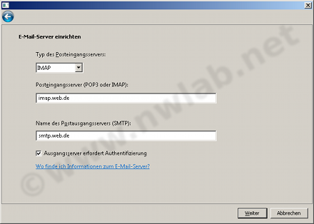 IMAP, POP3 und SMTP Server eingeben