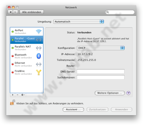 Netzwerkinterface von Parallels