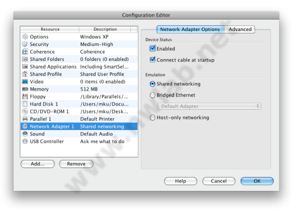 Parallels mit Shared Networking