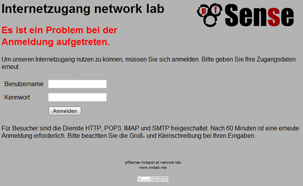 Angepasste Fehlerseite des Captive Portals