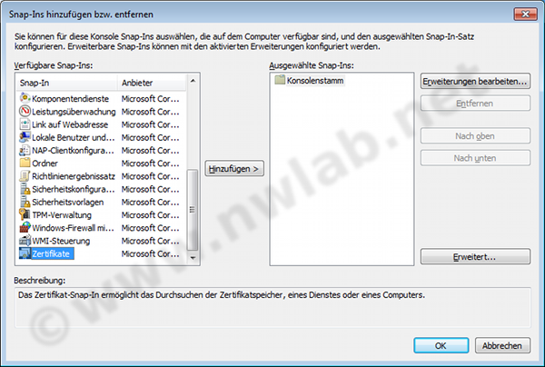 Snap In fr die Verwaltung von Zertifikaten hinzufgen